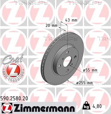Тормозной диск Zimmermann Coat Z передний для Toyota MR2 III (W30) 1999-2007. Артикул 590.2580.20
