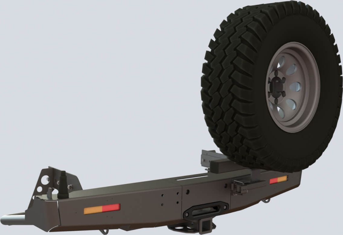 Бампер силовой STC задний для Toyota Hilux VIII 2015-2026 с квадратом под фаркоп, площадкой под лебедку, кронштейном крепления запасного колеса по центру и кронштейном крепления гос номера. Артикул STC-TH15-BR-W-C1