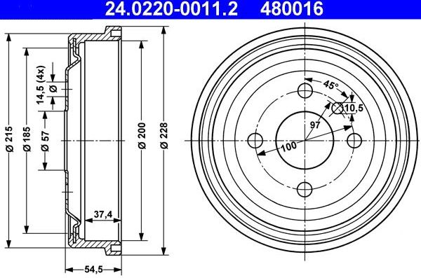 Тормозной барабан ATE для Opel Kadett D 1979-1984. Артикул 24.0220-0011.2