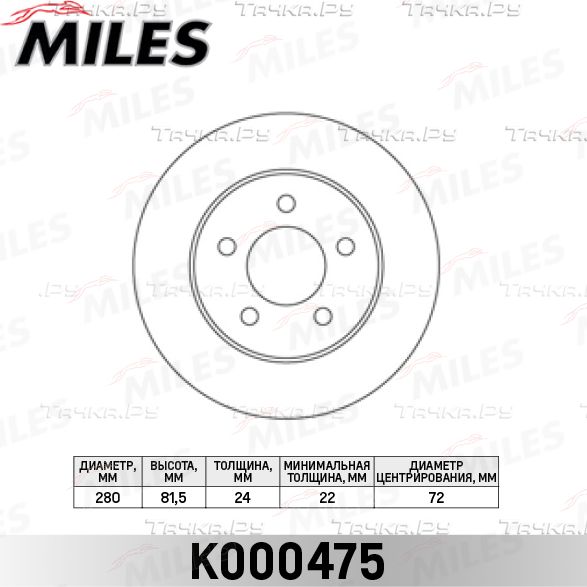 Тормозной диск Miles передний для Jeep Wrangler I (YJ) 1986-1996. Артикул K000475