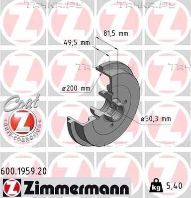 Тормозной барабан Zimmermann Coat Z задний для Volkswagen Caddy II 1996-2000. Артикул 600.1959.20