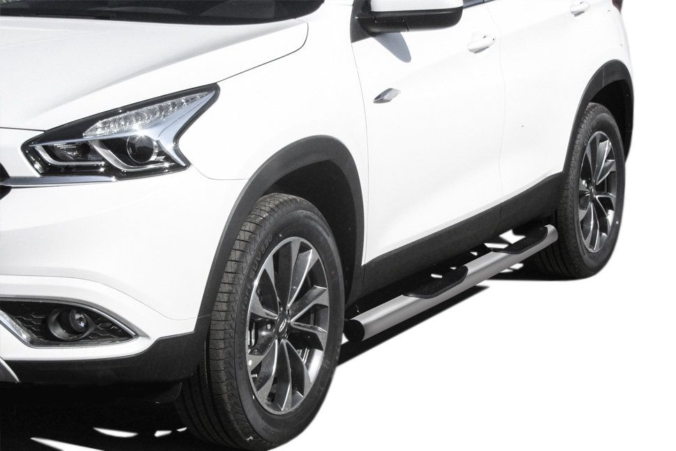 Пороги Slitkoff труба d76 с проступями для Chery Tiggo 7 2016-2026 Серебристые. Артикул CT7-004S