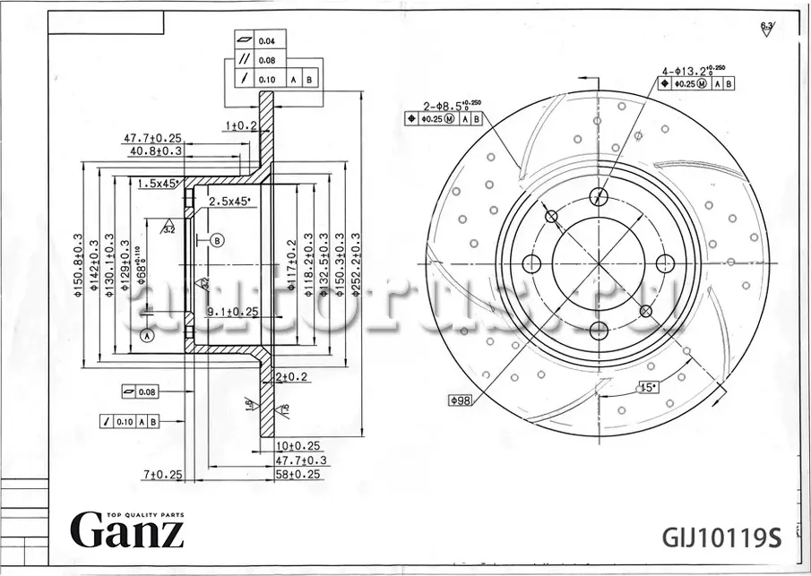 Диск тормозной передний перфорированный PRO-Line с покрытием ВАЗ 2101-07 GANZ GI Ganz. Артикул GIJ10119S