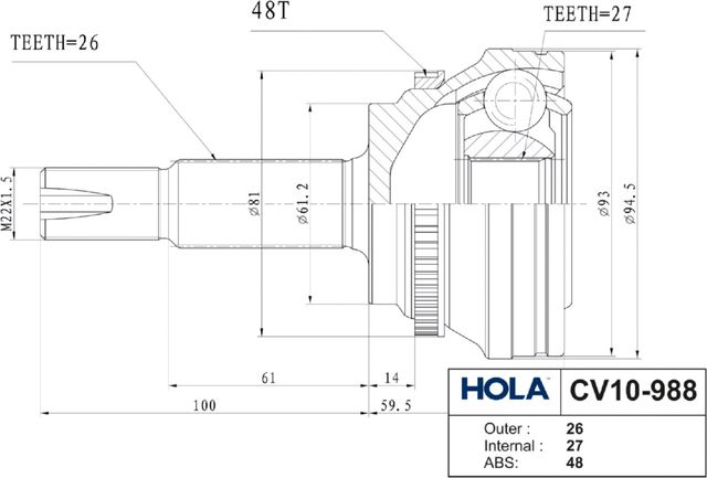 Шрус наружный (граната) HOLA. Артикул CV10-988