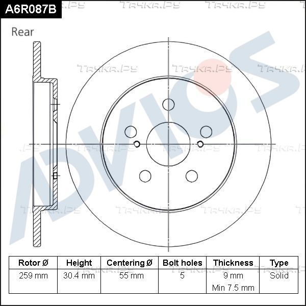 Тормозной диск Advics для Subaru Trezia 2011-2016. Артикул A6R087B