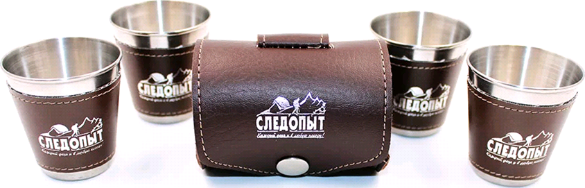 Набор стопок Следопыт 4х60 мл, в кожаной тубе, в дополнительном кожаном оплете. Артикул PF-CWS-P29SET