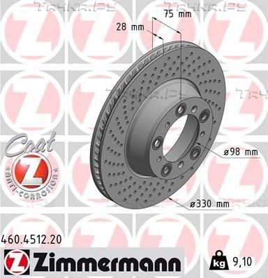 Тормозной диск Zimmermann Coat Z задний левый для Porsche 911 VIII (992) 2019-2026. Артикул 460.4512.20