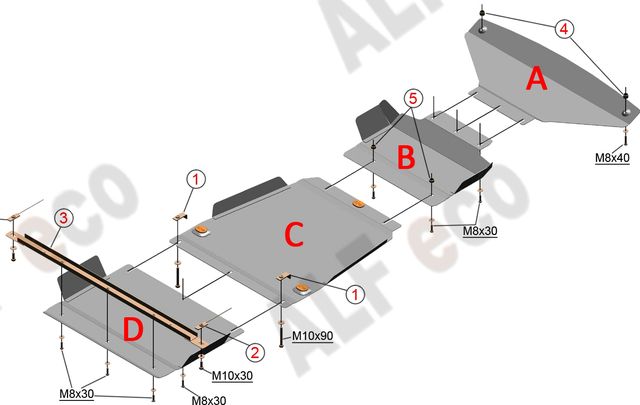 Защита алюминиевая Alfeco для радиатора, картера, КПП и РК Kia Mohave I рестайлинг 2016-2020. Артикул ALF.11.37-22al