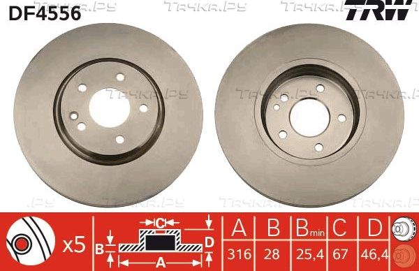 Тормозной диск TRW передний для Mercedes-Benz E-Класс II (W210, S210) 1996-2003. Артикул DF4556