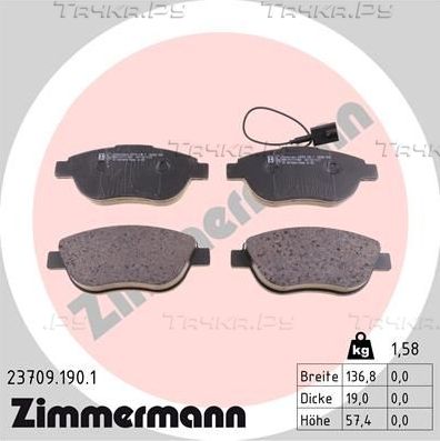 Тормозные колодки Zimmermann передние для Lancia Delta III (844) 2010-2014. Артикул 23709.190.1