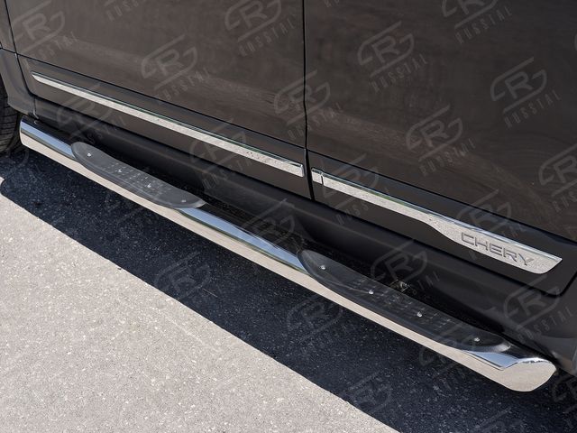 Защита порогов RusStal труба d76 с накладкой (вариант 1) для Chery Tiggo 5 2014-2016. Артикул CT5T-0022631