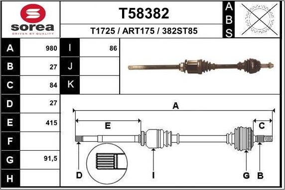Полуось (привод в сборе, приводной вал) EAI. Артикул T58382
