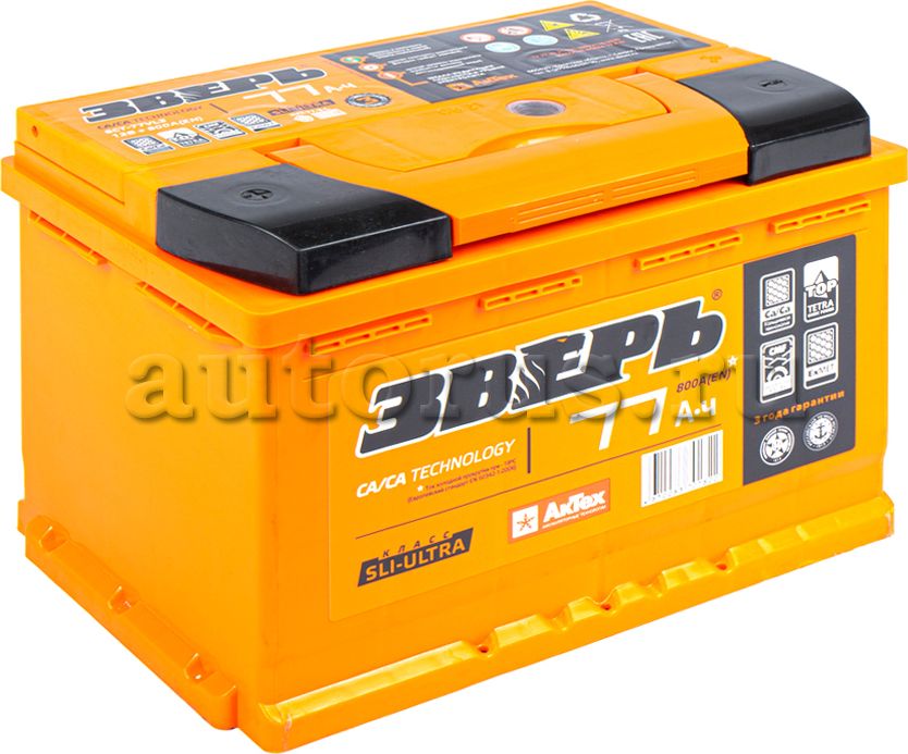 Аккумулятор ЗВЕРЬ 77 А/ч прямая L+ 278x175x190 EN750 А. Артикул ZVK 77-3-L