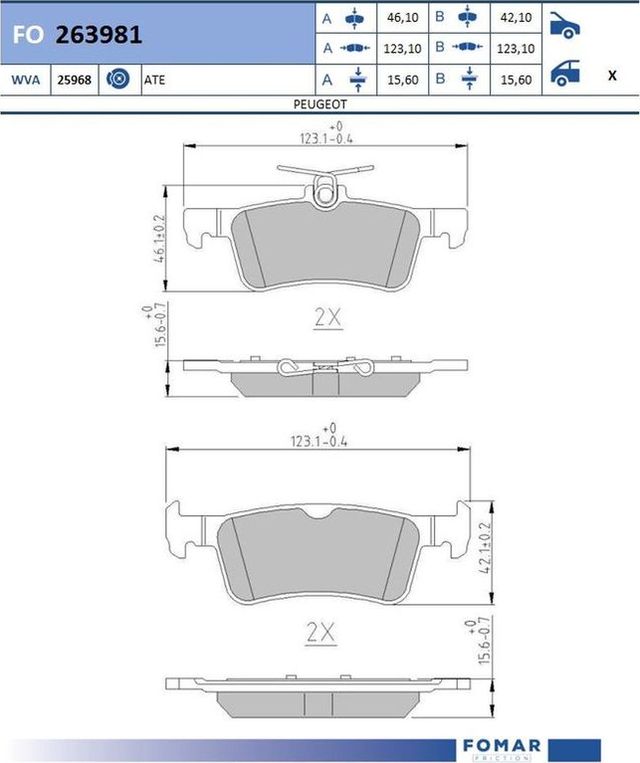 Тормозные колодки Fomar задние для Peugeot 308 II 2013-2026. Артикул FO 263981