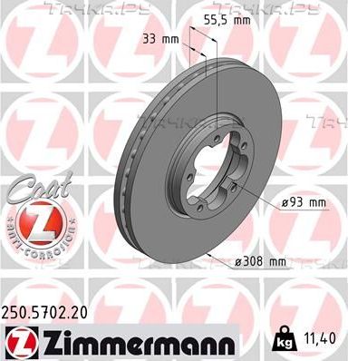 Тормозной диск Zimmermann Coat Z для Ford Transit Custom I 2012-2026. Артикул 250.5702.20