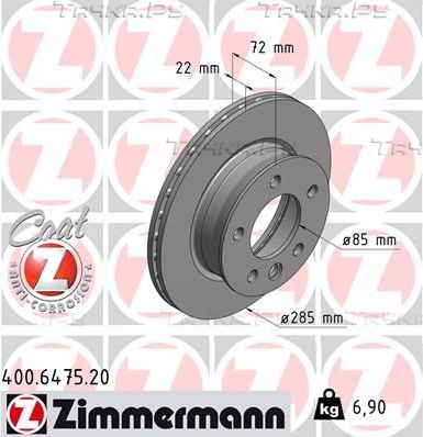 Тормозной диск Zimmermann Coat Z передний для Mercedes-Benz Sprinter 903 1995-2006. Артикул 400.6475.20