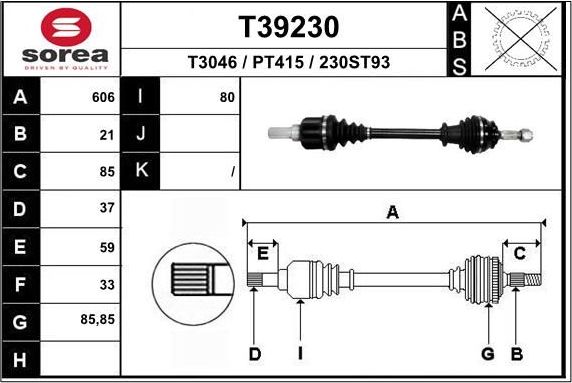 Полуось (привод в сборе, приводной вал) EAI. Артикул T39230