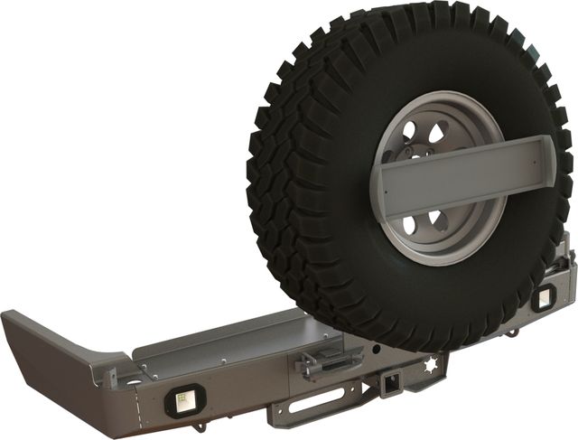 Бампер силовой задний STC для Toyota Land Cruiser 80 1990-1997 с квадратом под фаркоп, площадкой для лебедки, кронштейном крепления запасного колеса по центру, кронштейном крепления гос номера и фарами заднего хода/ ПТФ. Артикул STC-TLC80-BR-W-C1-L2