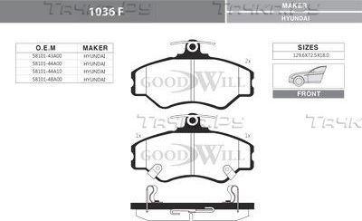 Тормозные колодки GoodWill передние для Hyundai Porter III 1993-2000. Артикул 1036 F
