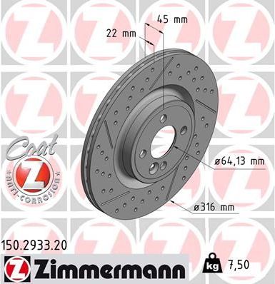 Тормозной диск Zimmermann Coat Z передний для MINI Hatch II (R56) 2006-2013. Артикул 150.2933.20
