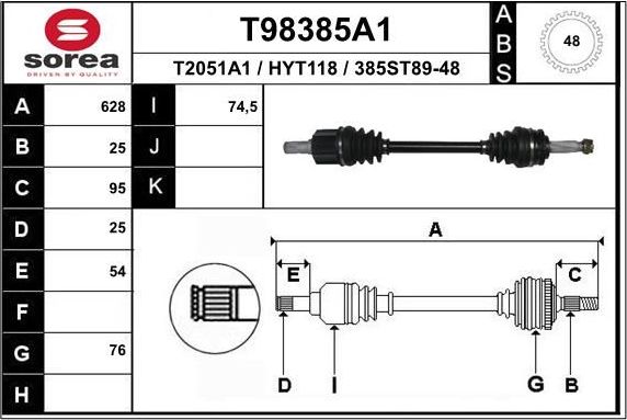 Полуось (привод в сборе, приводной вал) EAI. Артикул T98385A1