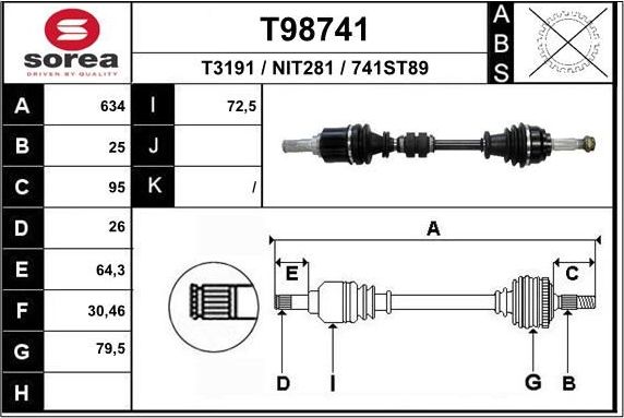Полуось (привод в сборе, приводной вал) EAI. Артикул T98741