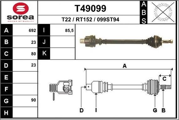 Полуось (привод в сборе, приводной вал) EAI. Артикул T49099