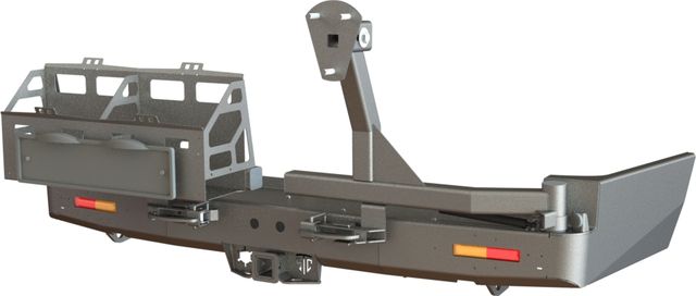 Бампер силовой задний STC для Toyota Land Cruiser 105 1998-2007 с квадратом под фаркоп,кронштейном крепления запасного колеса справа, кронштейн для 2-х канистр слева и дублирующими фонарями. Артикул STC-TLC105-BR-C2C4-L1