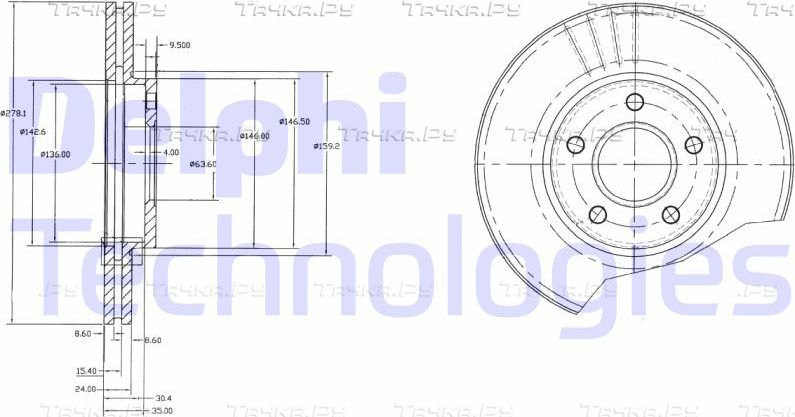Тормозной диск Delphi передний для Ford Tourneo Connect I 2002-2013. Артикул BG3826