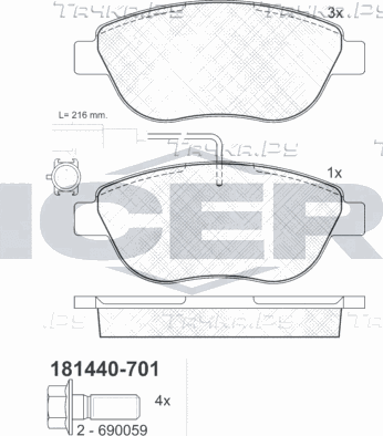 Тормозные колодки Icer передние для Lancia Delta III (844) 2008-2014. Артикул 181440-701