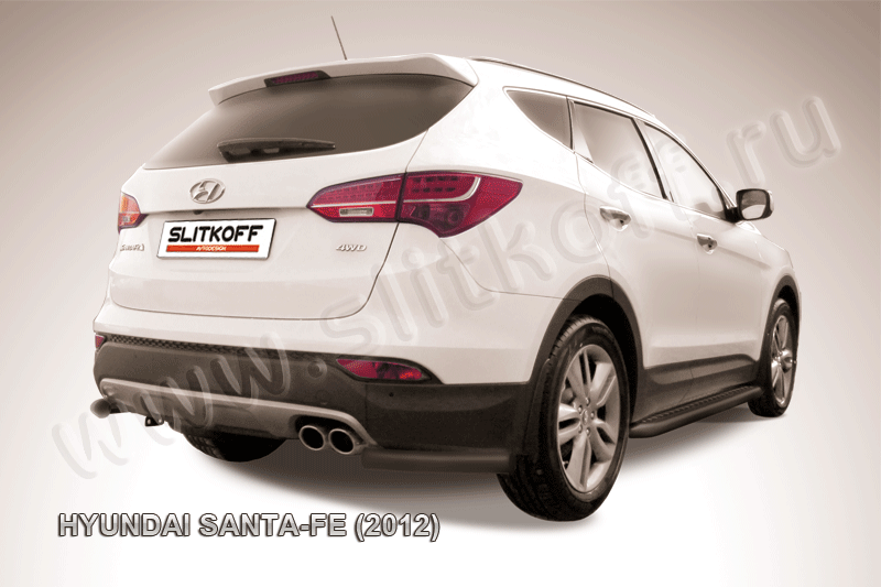 Защита Slitkoff задняя d57 уголки ЧЕРНАЯ матовая для Hyundai Santa Fe III 2012-2018. Артикул HSFT12-011B