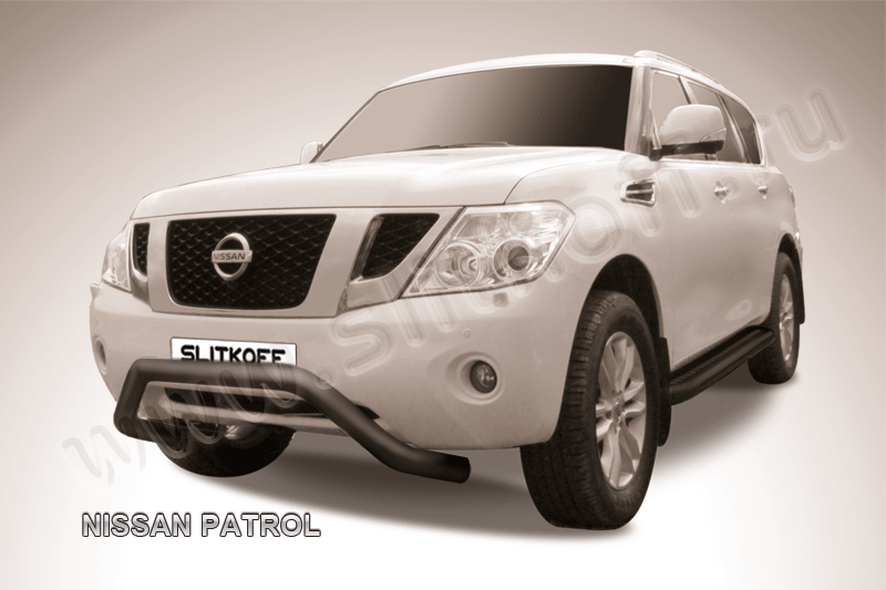 Кенгурятник Slitkoff d76 низкий широкий мини ЧЕРНЫЙ матовый для Nissan Patrol Y62 2012-2014. Артикул NIPAT009B