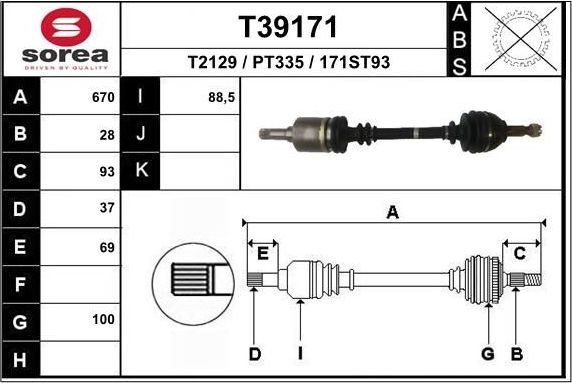 Полуось (привод в сборе, приводной вал) EAI. Артикул T39174