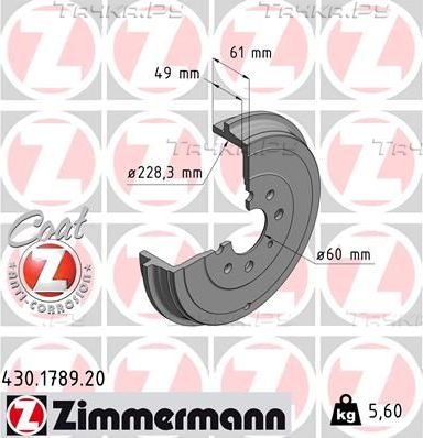 Тормозной барабан Zimmermann Coat Z задний для Opel Adam I 2012-2019. Артикул 430.1789.20