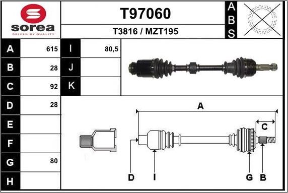Полуось (привод в сборе, приводной вал) EAI передняя правая для Mazda 6 I (GG) 2002-2007. Артикул T97060