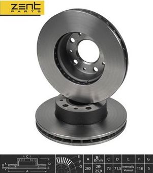 Тормозной диск Zentparts передний для Fiat Ducato III 2006-2026. Артикул Z06038