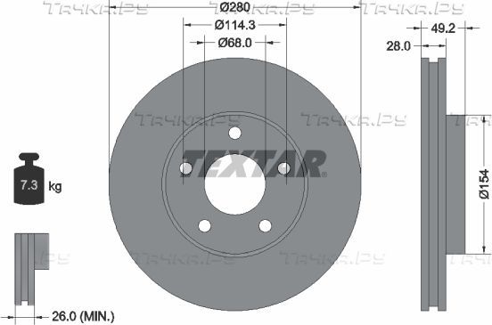 Тормозной диск Textar Pro передний для Nissan Primera P12 2002-2008. Артикул 92109403
