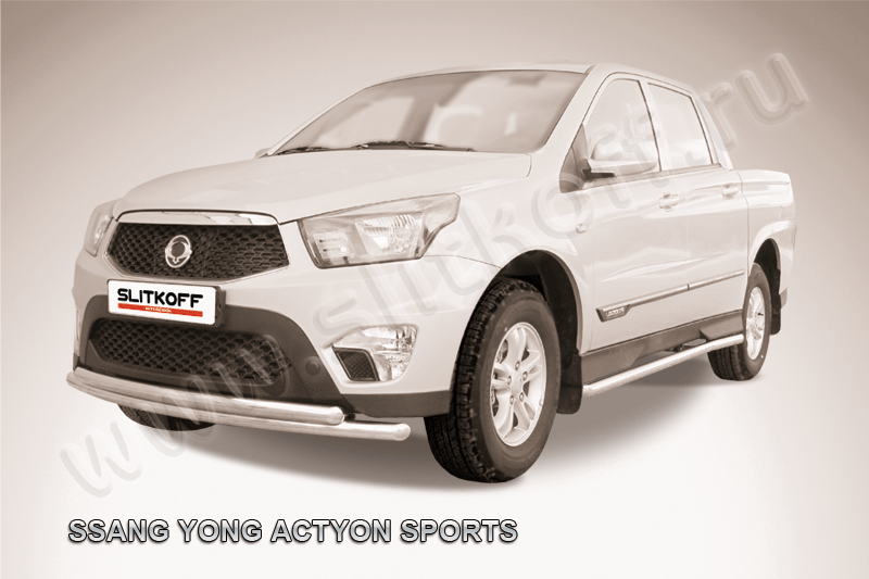 Защита Slitkoff переднего бампера d57+d57 двойная радиусная для SsangYong Actyon Sports I рестайлинг 2012-2026. Артикул SYAS003