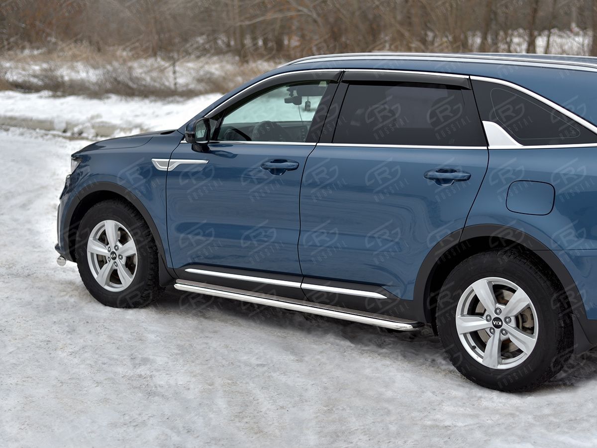 Защита порогов RusStal труба d42 с листом (лист нерж, проф. нерж) (вариант 3) для Kia Sorento IV 2020-2026. Артикул KSORL-0040173