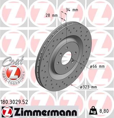 Тормозной диск Zimmermann SPORT Z передний для Citroen DS3 I 2009-2015. Артикул 180.3029.52