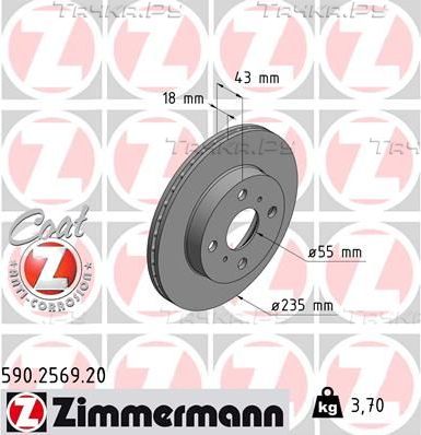 Тормозной диск Zimmermann Coat Z передний для Toyota Echo 1999-2005. Артикул 590.2569.20