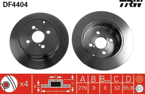 Тормозной диск TRW задний для Toyota Corolla E120, E130 2001-2007. Артикул DF4404