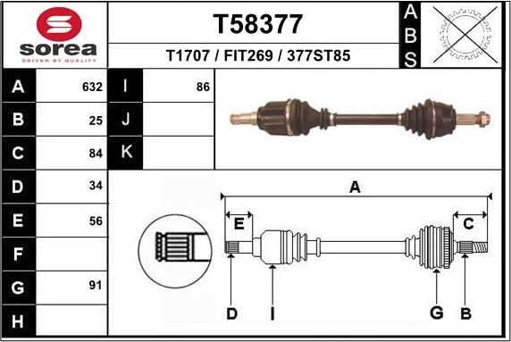 Полуось (привод в сборе, приводной вал) EAI. Артикул T58377