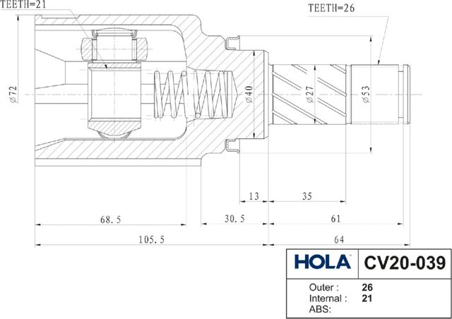 Шрус внутренний (граната) HOLA. Артикул CV20-039