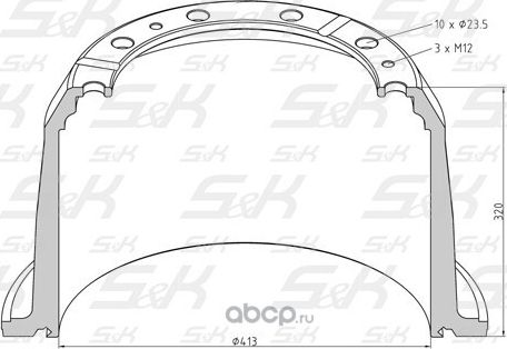 Торм.барабан [413x254/266 H=320 d=295/335 n10x23.5] (S&K). Артикул SK314001401