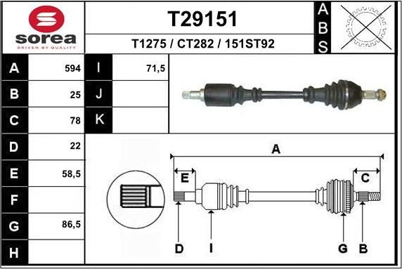 Полуось (привод в сборе, приводной вал) EAI. Артикул T29151