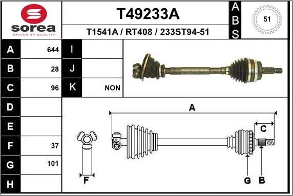 Полуось (привод в сборе, приводной вал) EAI. Артикул T49233A