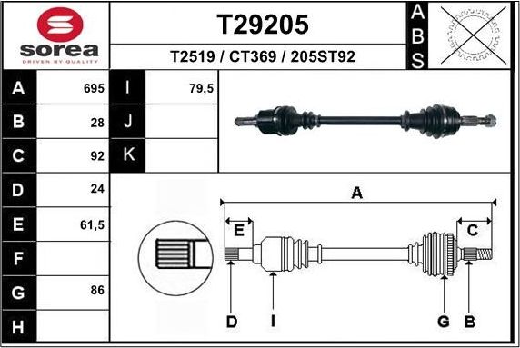 Полуось (привод в сборе, приводной вал) EAI. Артикул T29205