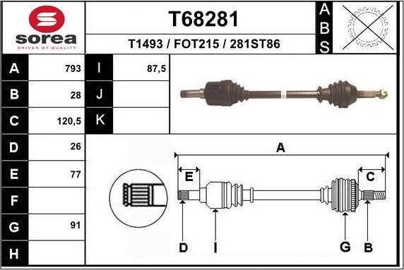Полуось (привод в сборе, приводной вал) EAI. Артикул T68281