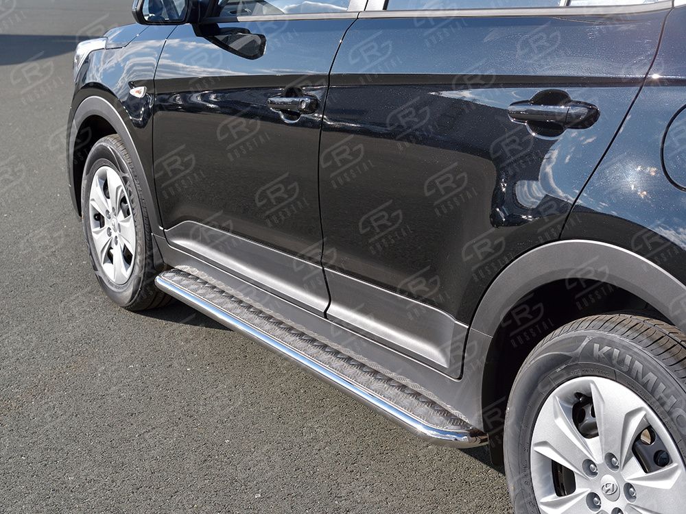 Защита порогов RusStal труба d42 с листом (лист алюм, проф. нерж) для Hyundai Creta I 2016-2021 (Вариант 1). Артикул HCRL-0024251